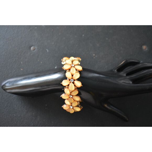 Golden Floral Stretch Bracelet, Rhinestone Petal Elegance (7.5") - Picture 1 of 8
